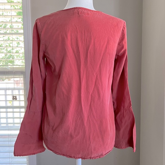 Button Down Coral Blouse with waist Tie and Bell/flare Sleeves - Picture 6 of 11